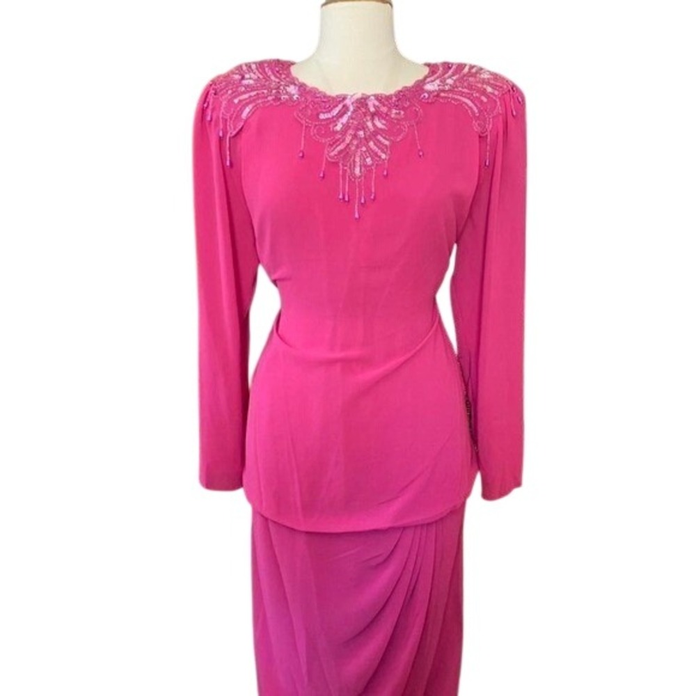 Ursula of Switzerland Magenta Pink Beaded Sequin Evening Gown Dress Womens 14